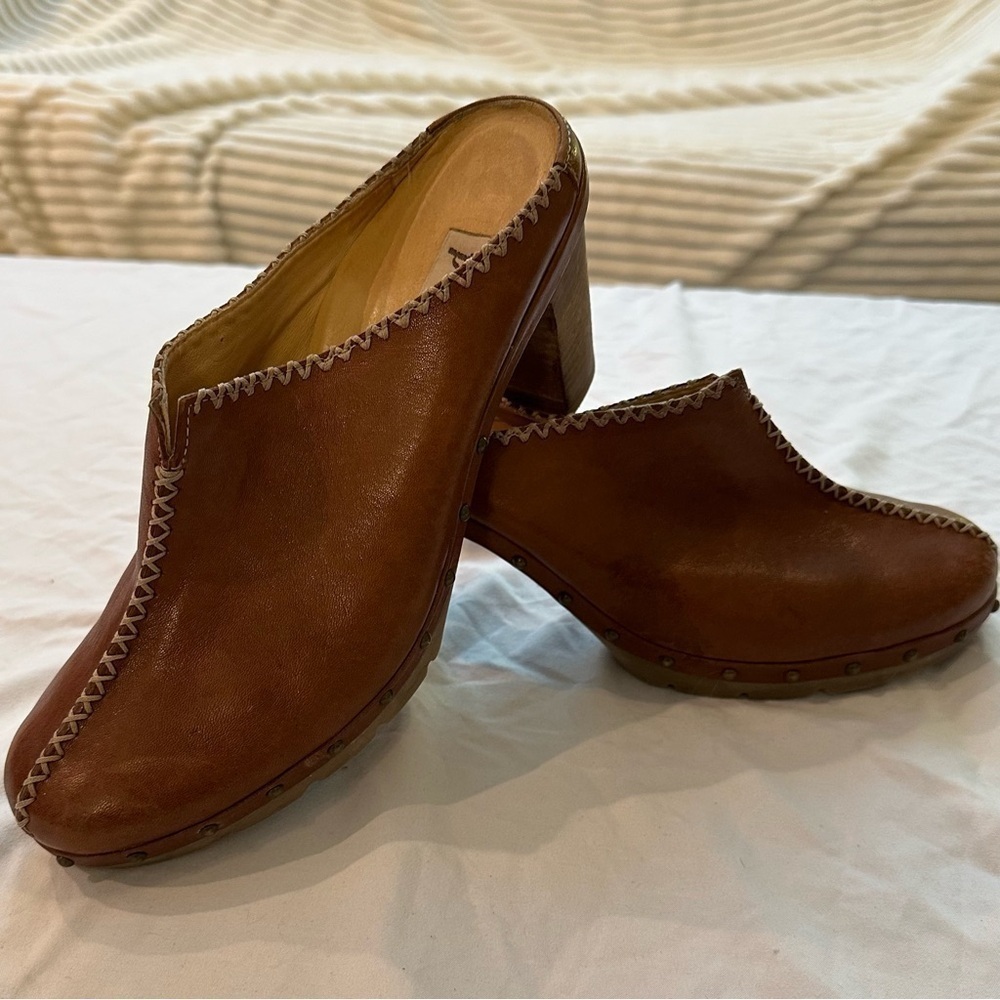 Paul Green Brown Leather Mules Studded w Chunky Stacked Heel Y2K Boho 9